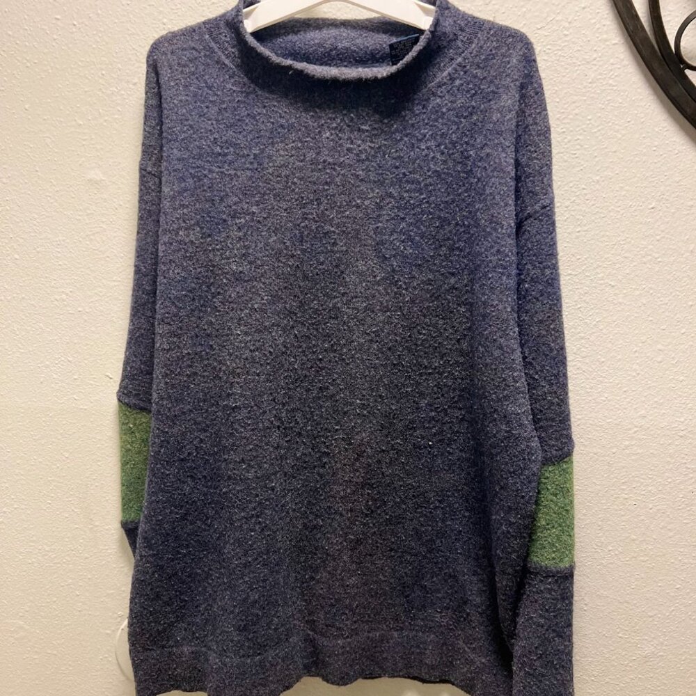 French Connection Blue Wool Blend Sweater With Green Sleeve Detail‎ XL